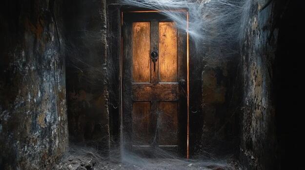 A dimly lit wooden door surrounded by cobwebs in a secluded, abandoned building photo