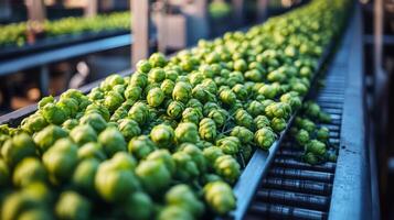 Freshly harvested hops on a conveyor belt in a processing facility during the autumn season photo