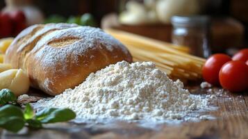 Freshly baked bread and various pasta types arranged on a rustic wooden table with ingredients photo