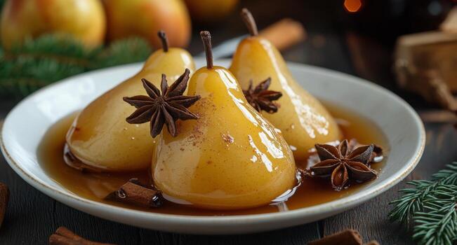 Sweet poached pears in syrup with star anise and cinnamon on a rustic wooden table photo