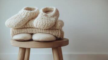 Soft knitted baby shoes and blanket arranged on a wooden stool in a minimalist setting photo