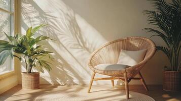 Sunlit indoor space featuring a rattan chair and a lush plant against a light wall backdrop photo