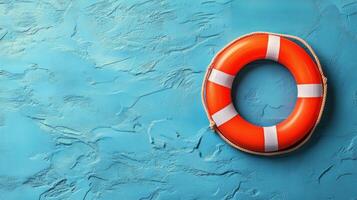 Bright yellow lifebuoy floating on a teal background, symbolizing safety and rescue at sea photo