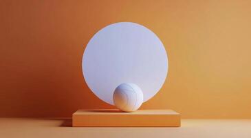 Minimalist display of a white sphere and circular platform against a vibrant orange background photo
