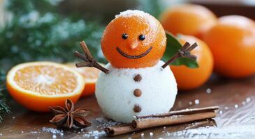 Festive snowman made of oranges and snow with decorative spices against a winter backdrop photo