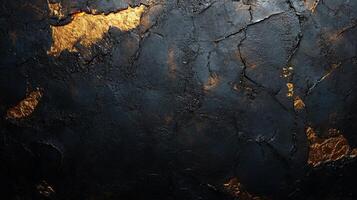 Textured black and gold surface with cracks showcasing an artistic blend of elements photo