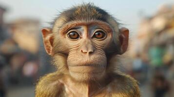 Curious baby monkey gazing softly with bright eyes in a natural habitat during the daytime photo
