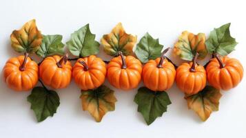 Colorful Halloween decorations featuring smiling pumpkins and autumn leaves on display photo
