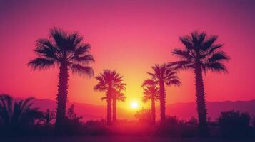 Vibrant sunset behind silhouetted palm trees in a desert landscape capturing serene beauty photo