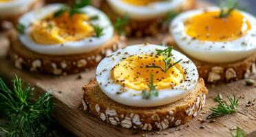Delicious soft-boiled egg slices served on whole grain bread with herbs and seasoning photo