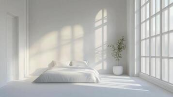 Bright minimalist bedroom with natural light and large windows during the day photo