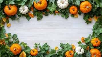 Colorful pumpkins and autumn leaves arranged on a rustic wooden surface in seasonal celebration photo