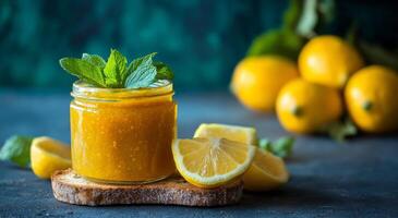 Delicious lemon marmalade in a jar on wooden toast with fresh lemons and mint in soft light photo