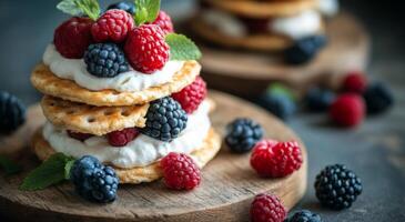 Fresh berries on a rice cake topped with cream and mint served on a gray background photo