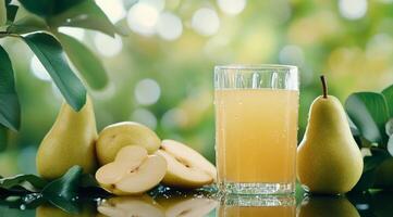 Freshly squeezed pear juice surrounded by ripe pears in a lush garden on a sunny day photo