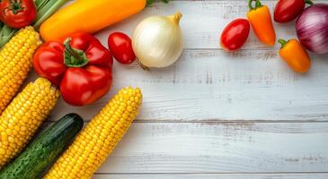 Fresh corn and ripe tomatoes arranged on a wooden surface with green onions on a sunny day photo