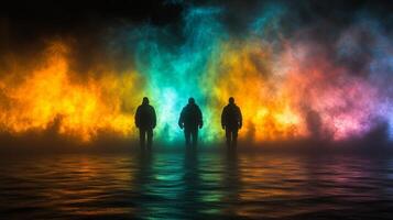 Three silhouetted figures stand against a colorful misty backdrop near a reflective water surface photo