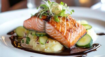 Freshly grilled salmon fillet served with creamy mashed potatoes and zucchini slices photo