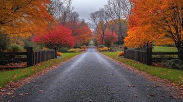 Beautiful autumn pathway lined with trees and colorful foliage in a tranquil neighborhood setting photo