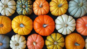 A colorful assortment of pumpkins arranged together on a table for autumn decoration photo