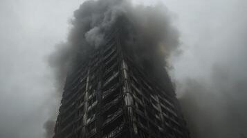 Fire engulfs high-rise building in urban area during overcast afternoon photo