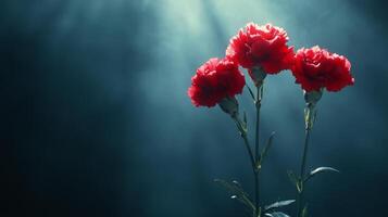Two vibrant red flowers illuminated by soft light on a dark background in a serene setting photo