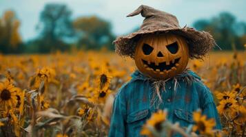 Scarecrow with a carved pumpkin head standing amidst sunflowers in an autumn field photo