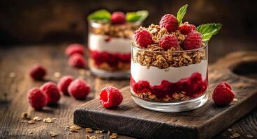Delicious berry parfaits with granola and yogurt served on a wooden table photo
