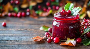 Freshly made cranberry jam in a jar on a rustic wooden table with autumn leaves photo