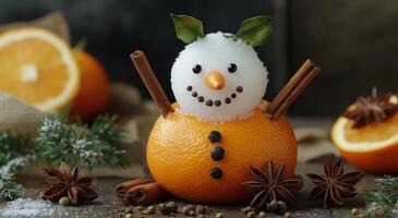Festive snowman made of oranges and snow with decorative spices against a winter backdrop photo