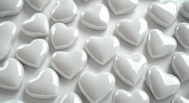 A collection of glossy white heart-shaped decorations scattered on a flat surface photo