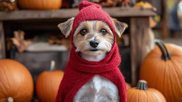 A small dog in a purple coat sits among pumpkins at a fall festival in the afternoon sunlight photo