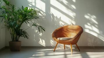 Sunlit indoor space featuring a rattan chair and a lush plant against a light wall backdrop photo