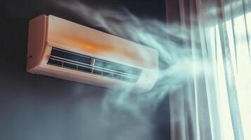 Modern air conditioning unit cooling a room with gentle airflow during a warm evening indoors photo