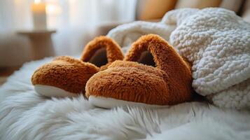 Cozy slippers resting on a plush rug in a warm and inviting indoor setting during the day photo