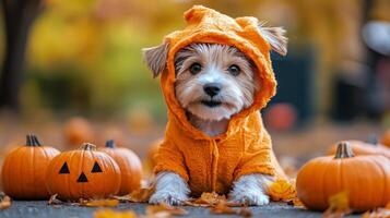 A small dog in a purple coat sits among pumpkins at a fall festival in the afternoon sunlight photo