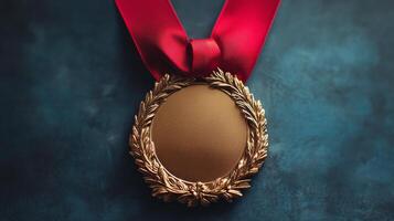 Elegant golden mirror with a red ribbon against a teal background for holiday decoration photo