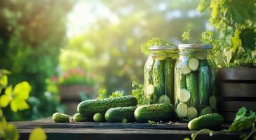 Fresh cucumbers preserved in a glass jar on a rustic wooden table surrounded by greenery photo
