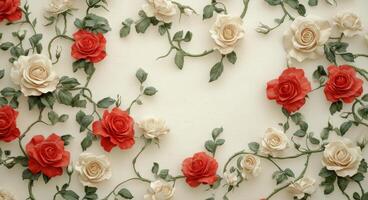 Beautifully crafted white and red roses on a textured wall featuring intricate details and designs photo