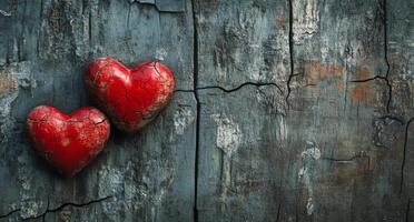 Three red decorative hearts resting on a rustic wooden table in soft natural light photo