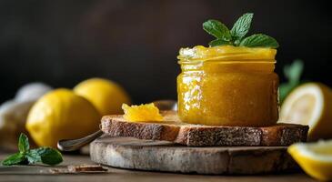 Delicious lemon marmalade in a jar on wooden toast with fresh lemons and mint in soft light photo