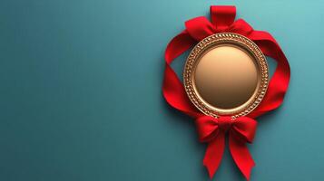 Elegant golden mirror with a red ribbon against a teal background for holiday decoration photo