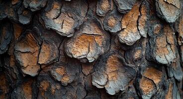 Close-up view of textured tree bark showcasing intricate patterns and rich brown hues in nature photo
