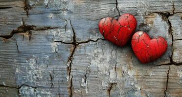 Three red decorative hearts resting on a rustic wooden table in soft natural light photo