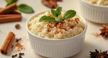 Creamy rice pudding with spices and mint on a rustic table setting during afternoon photo