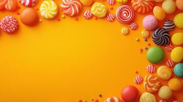 Brightly colored candies arranged on an orange background for a festive dessert display photo
