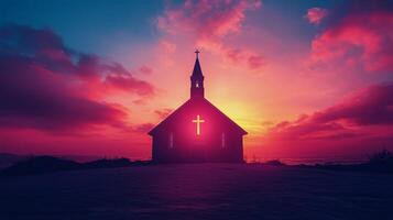 A charming white church with wooden pews in a peaceful garden during a clear day photo