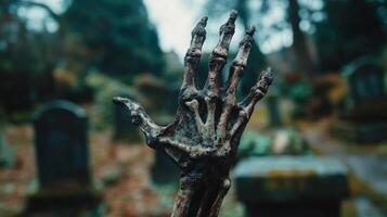 Eerie skeletal hand reaching out amid desolation of abandoned town photo