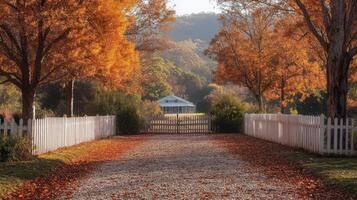 Beautiful autumn pathway lined with trees and colorful foliage in a tranquil neighborhood setting photo