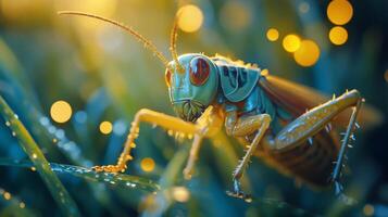 Colorful grasshopper perched on an open book with blurred background during daylight hours photo